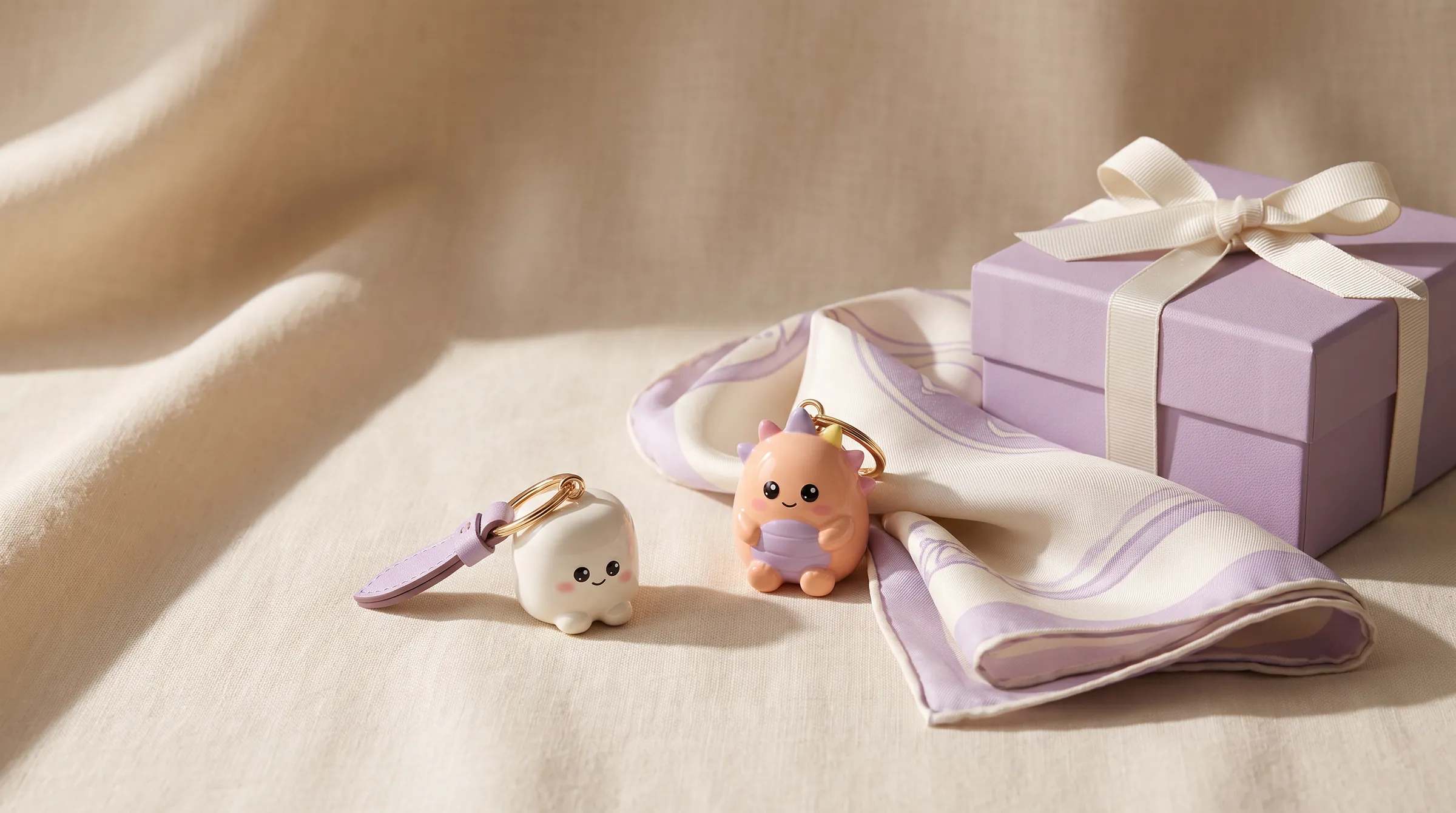 Cloud and Sunny enamel bag charms beside a folded lilac silk scarf and a lilac gift box tied with ivory ribbon, on ivory linen