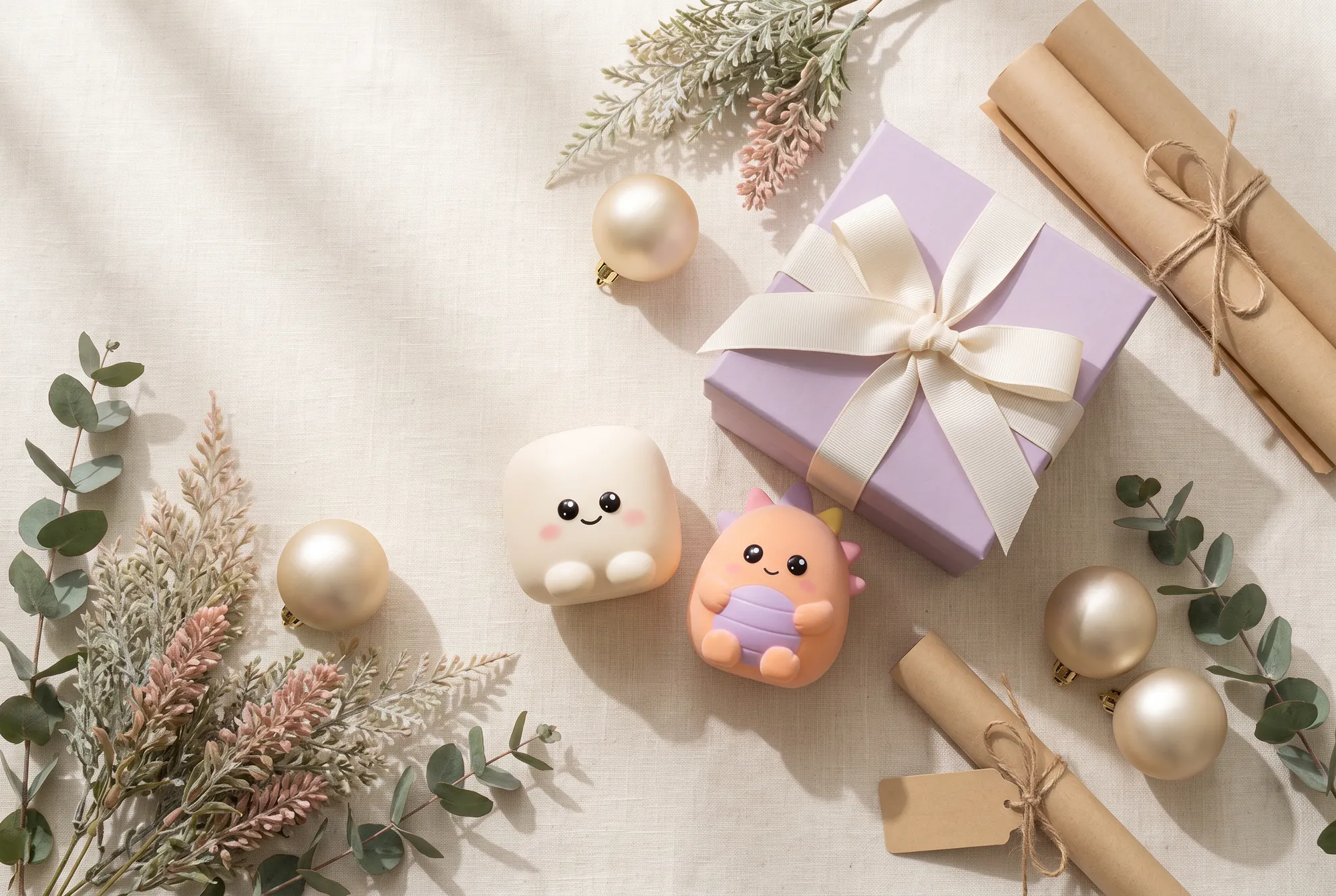 Marshmallow Cloud and Sunny the Dino on ivory linen with a lilac gift box, eucalyptus, pale gold baubles and kraft paper