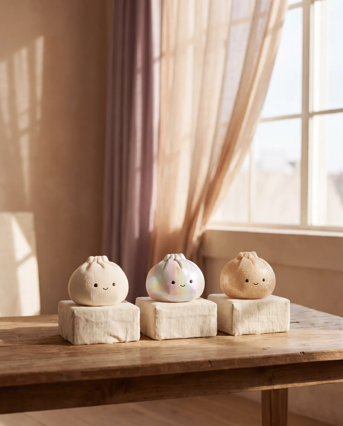 Three squishy dumplings on small plinths: one plain, one rainbow holographic and one glittery