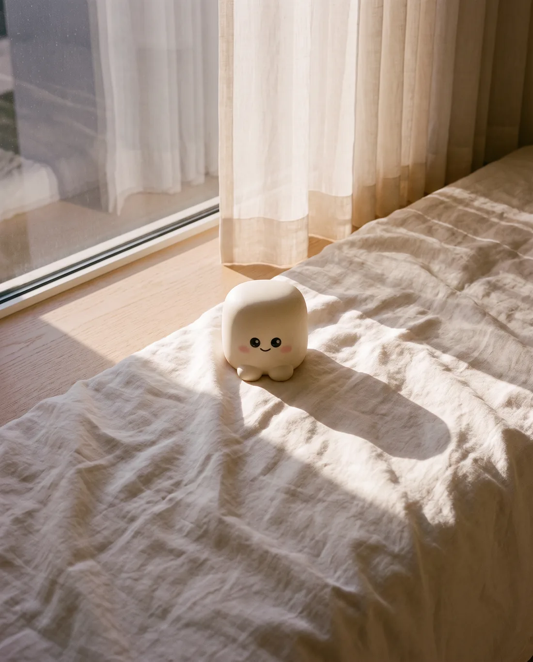 Marshmallow Cloud sitting alone on linen by a window in late afternoon light