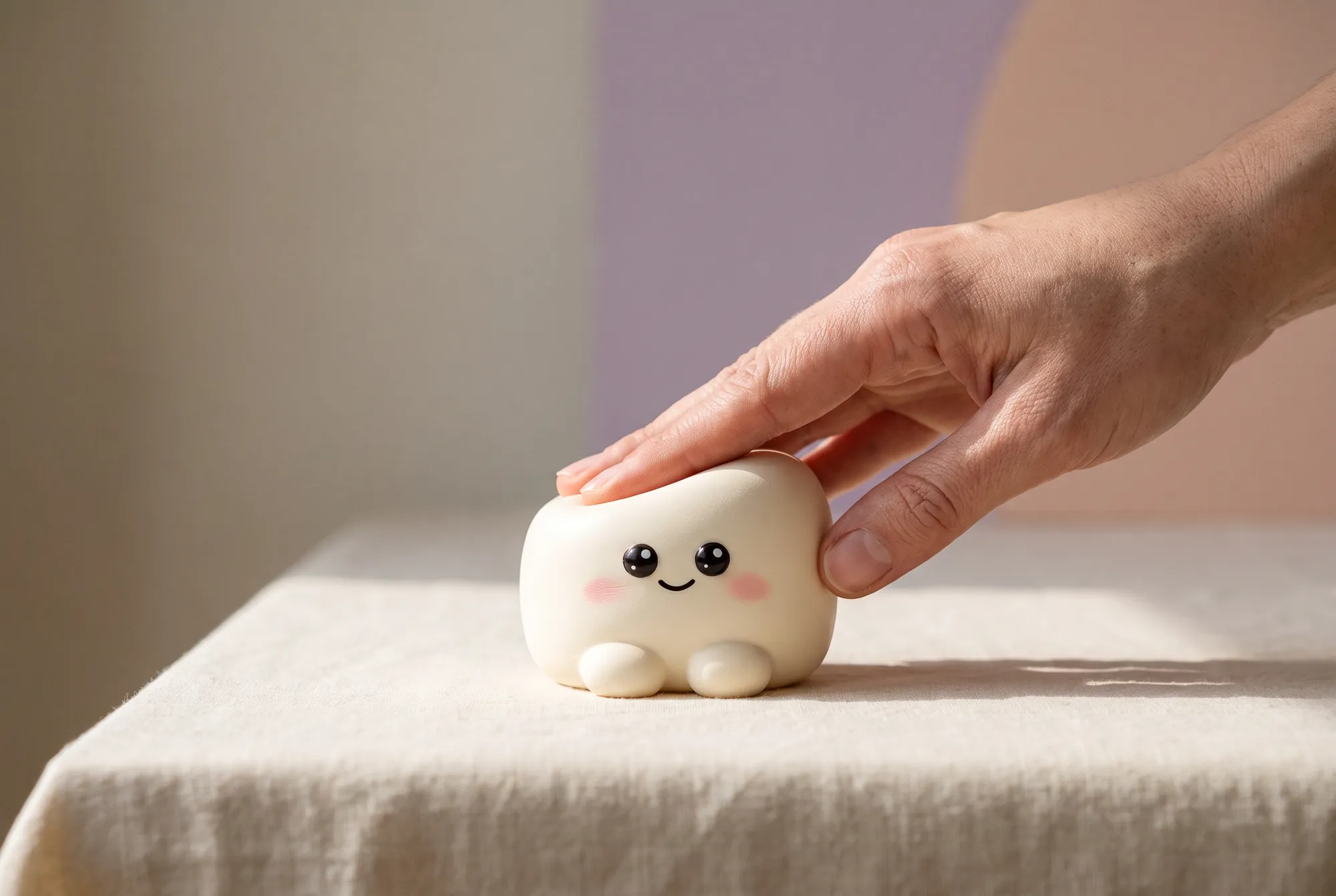 A grown-up's hand gently pressing Marshmallow Cloud on ivory linen in window light