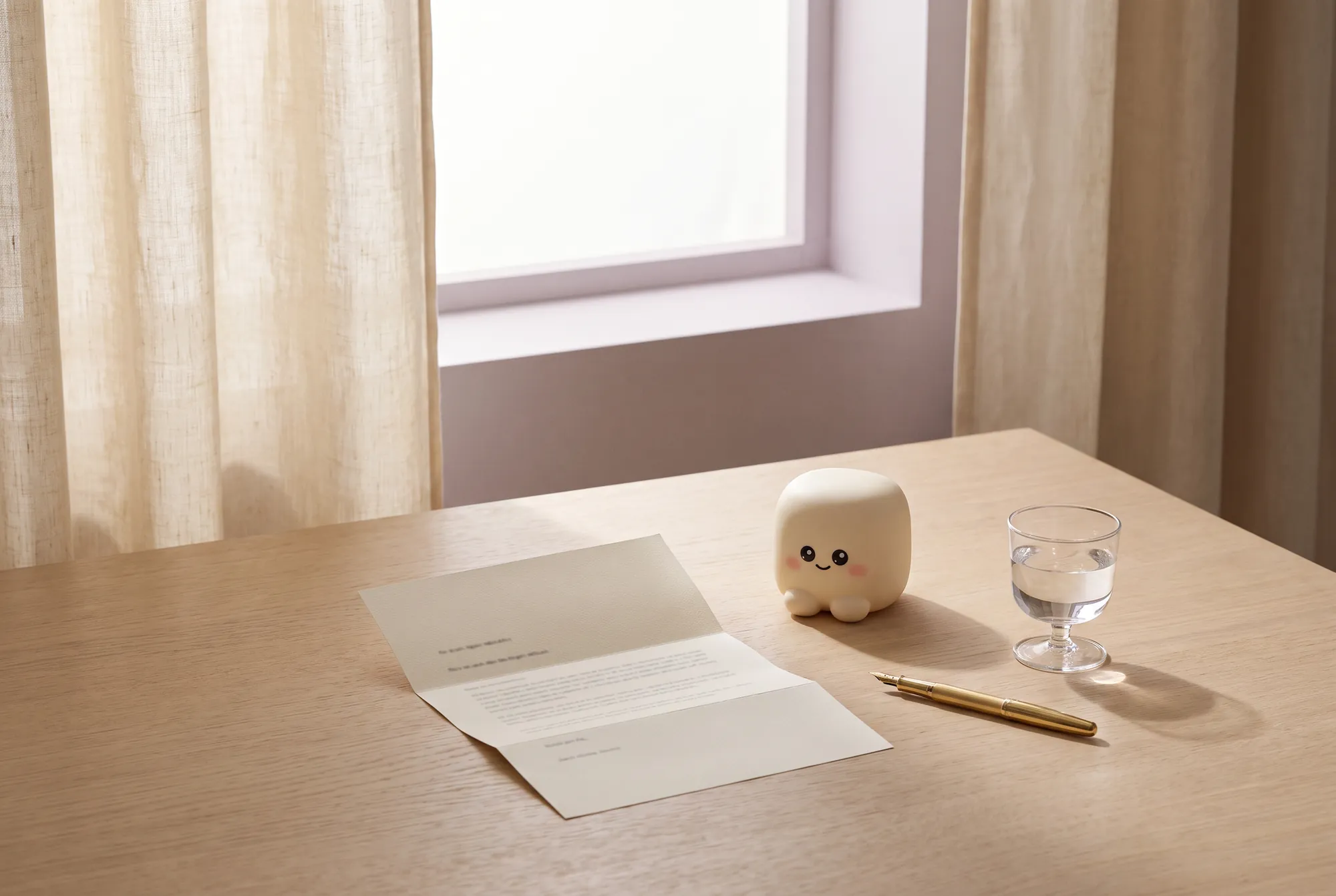 Marshmallow Cloud on a pale oak table beside a folded sheet of paper, a gold pen and a glass of water