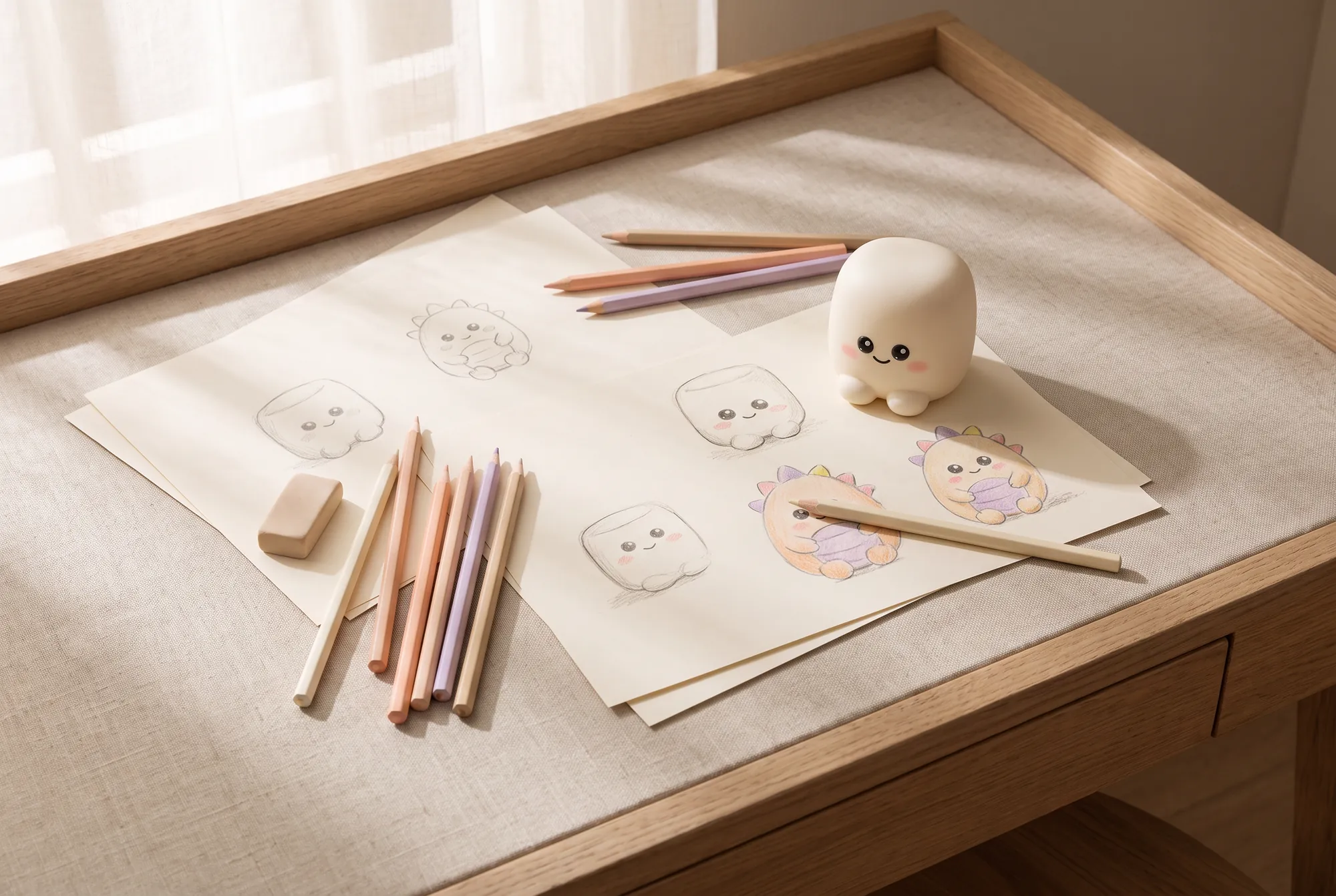 A drawing desk with pencil sketches of Marshmallow Cloud and Sunny, coloured pencils and Marshmallow Cloud sitting on the paper