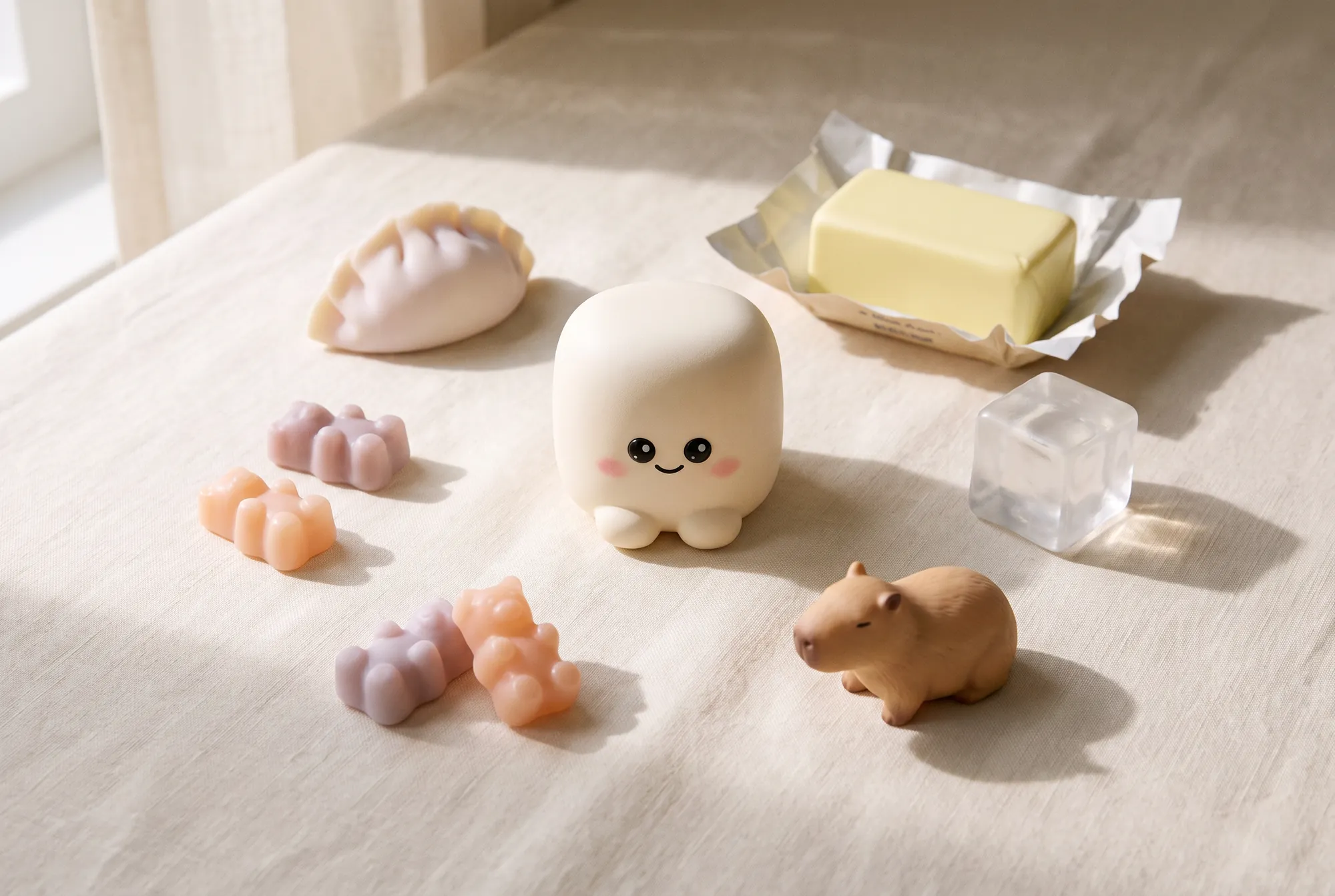 A flat lay of squishy toys on ivory linen: a pastel dumpling, a stick of butter, an ice cube, gummy bears, a capybara and Marshmallow Cloud in the centre