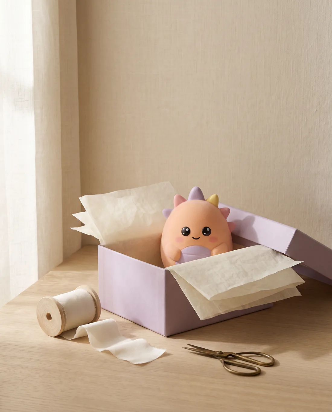 Sunny the Dino being wrapped in ivory tissue inside a lilac box, with ribbon and brass scissors
